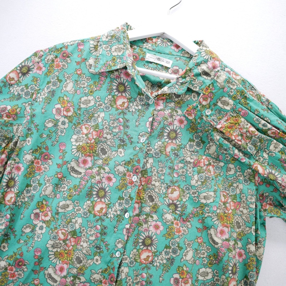 Natural Life Floral Button Down Shirt Teal Green Cotton Boho XS/S